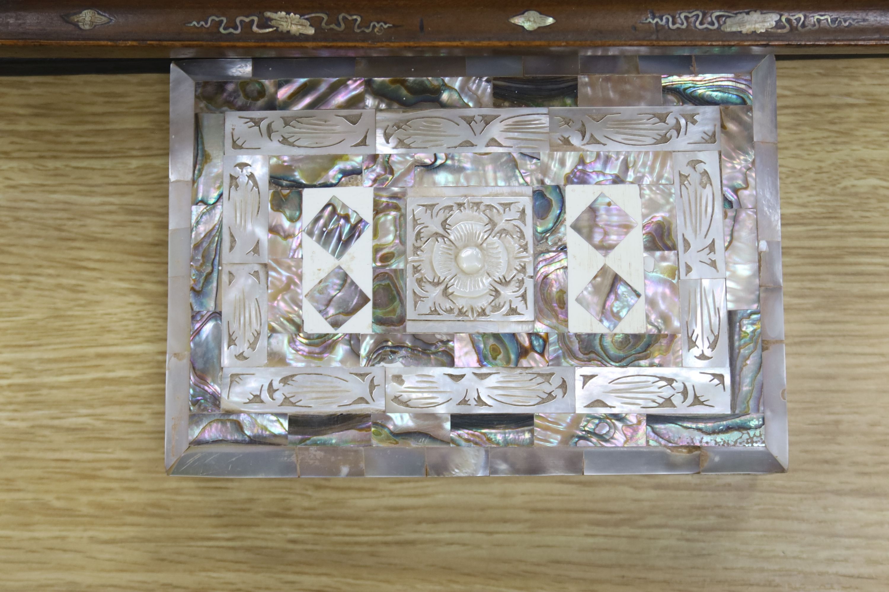 Three Chinese / Japanese mother of pearl inlaid trays together with a mother of pearl and abalone box